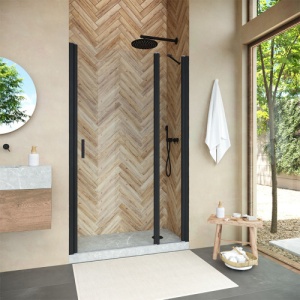 Дверь в душевой проем 100 см., петли слева  профиль черный матовый, стекло прозрачное QuickNano