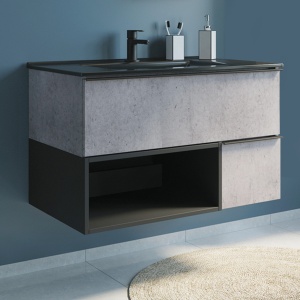 COMFORTY Тумба-умывальник "Франкфурт-90" бетон светлый с раковиной COMFORTY 90E черная матовая COMFORTY Тумба-умывальник "Франкфурт-90" бетон светлый с раковиной COMFORTY 90E черная матовая