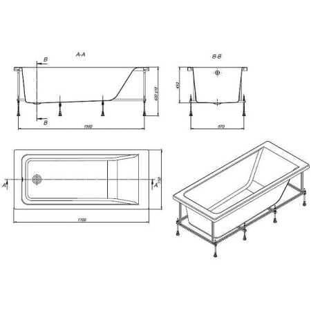 Акриловая прямоугольная ванна  EASY 1700 x 750 x 450 без монтаж набора, без панели в Сочи и Адлере