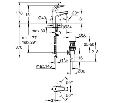 32805000 GROHE BauCurve Смеситель для раковины 81 мм, со сливным гарнитуром в Сочи и Адлере 32805000 GROHE BauCurve Смеситель для раковины 81 мм, со сливным гарнитуром в Сочи и Адлере