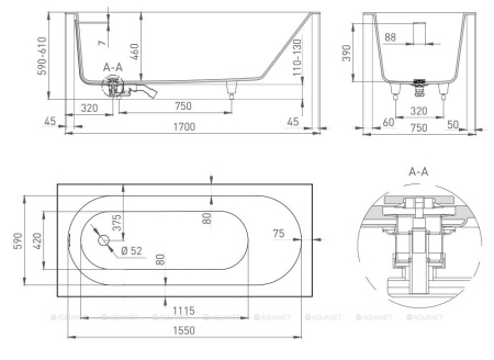 ORNELLA  Kit 170 встраиваемая ванна Размеры: 1700 х 750 х 590/610 мм, S-Stone (Solix), Тип покрытия:Матовое 102421M в Сочи и Адлере