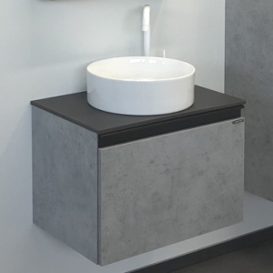 COMFORTY Тумба-умывальник "Эдинбург-60" бетон светлый с черной столешницей с отверстием под смеситель №12, с раковиной COMFORTY 9111	 COMFORTY Тумба-умывальник "Эдинбург-60" бетон светлый с черной столешницей с отверстием под смеситель №12, с раковиной COMFORTY 9111