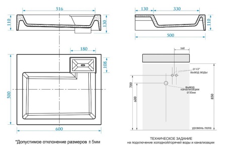 Раковина Azario Etna NEW 600х500х100 литьевой мрамор, сифон в комплекте, белая (CS00086607) в Сочи и Адлере