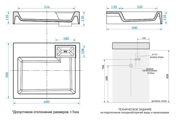 Раковина Azario Etna NEW 600х500х100 литьевой мрамор, сифон в комплекте, белая (CS00086607) в Сочи и Адлере Раковина Azario Etna NEW 600х500х100 литьевой мрамор, сифон в комплекте, белая (CS00086607) в Сочи и Адлере