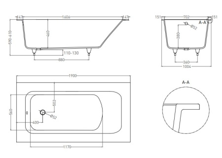 ORLANDA PLUS 190x100 встраиваемая ванна с прямоугольной чашей 1900х1000х600, регулируемые ножки, ширина бортика от 3,5 до 15 см, обрезка бортов по схе в Сочи и Адлере