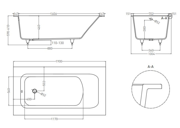 ORLANDA PLUS 190x100 встраиваемая ванна с прямоугольной чашей 1900х1000х600, регулируемые ножки, ширина бортика от 3,5 до 15 см, обрезка бортов по схе в Сочи и Адлере