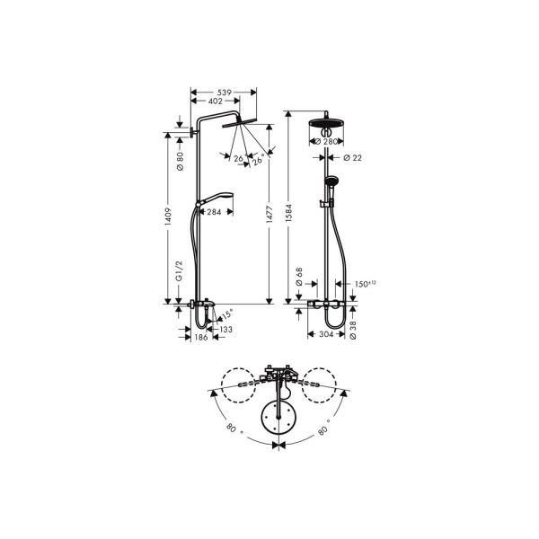 26792000 HG Croma Select 280 Air 1jet Showerpipe для ванны с термостатом  в Сочи и Адлере 26792000 HG Croma Select 280 Air 1jet Showerpipe для ванны с термостатом  в Сочи и Адлере