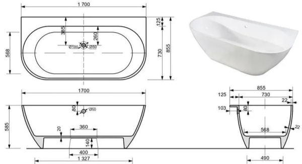 Ванна "Miami silk" пристенная 1700х855 в Сочи и Адлере