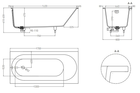 ORNELLA KIT 176x80 Встраиваемая ванна с овальной чашей, регулируемые ножки, донный клапан Up&Down белый, сифон, интегр. слив-перелив, S-Sense, матовый в Сочи и Адлере