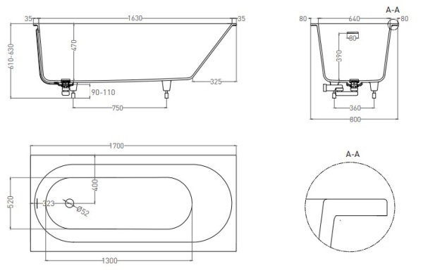 ORNELLA KIT 176x80 Встраиваемая ванна с овальной чашей, регулируемые ножки, донный клапан Up&Down белый, сифон, интегр. слив-перелив, S-Sense, матовый в Сочи и Адлере