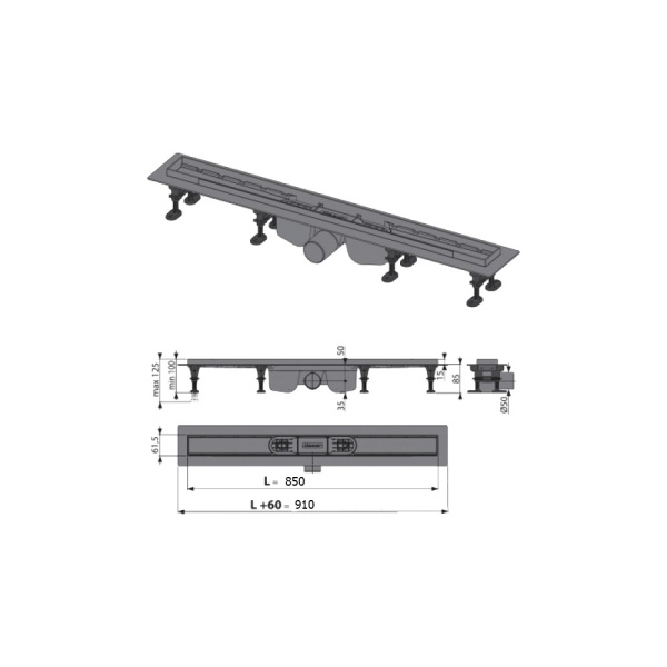 Водоотводящий желоб с порогами для перфорированной решетки или решетки под кладку Alca Plast Optima 850 мм (под решетку LINE-850L)  в Сочи и Адлере Водоотводящий желоб с порогами для перфорированной решетки или решетки под кладку Alca Plast Optima 850 мм (под решетку LINE-850L)  в Сочи и Адлере