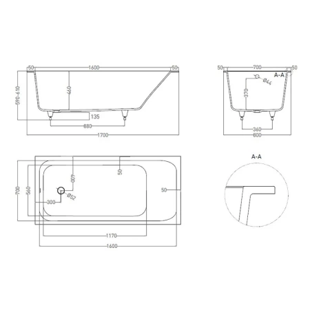 Встраиваемая ванна с прямоугольной чашей, регулируемые ножки ORLANDA 170Х80 матовая в Сочи и Адлере
