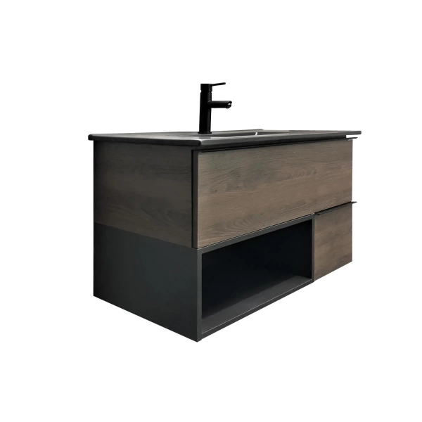 COMFORTY Тумба-умывальник "Франкфурт-90" дуб шоколадно-коричневый с раковиной  COMFORTY 90E черная матовая COMFORTY Тумба-умывальник "Франкфурт-90" дуб шоколадно-коричневый с раковиной  COMFORTY 90E черная матовая