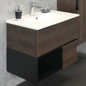 COMFORTY Тумба-умывальник "Франкфурт-75" дуб шоколадно-коричневый с раковиной COMFORTY 75E черная матовая COMFORTY Тумба-умывальник "Франкфурт-75" дуб шоколадно-коричневый с раковиной COMFORTY 75E черная матовая