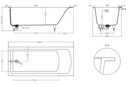Ванна встраиваемая Salini CASCATA KIT S-Sense Матовая 180х80 см (104513M) в Сочи и Адлере