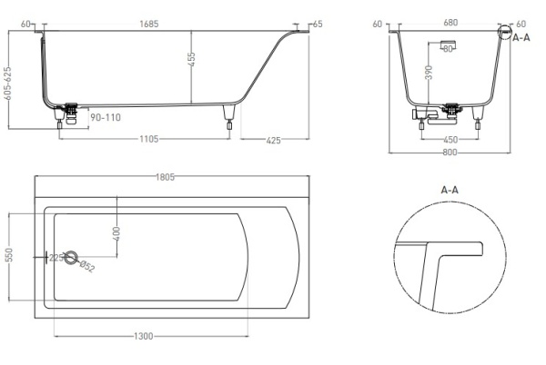 Ванна встраиваемая Salini CASCATA KIT S-Sense Матовая 180х80 см (104513M) в Сочи и Адлере