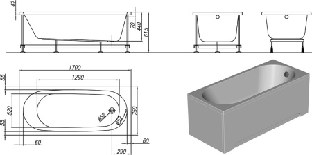 Ванна TAMIA 170*75 с каркасом, с фронт. панелью, сливом в Сочи и Адлере