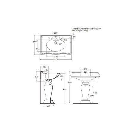 Умывальник 90 JUBILAEUM со спинкой 90х56см с 1 отверстием под смеситель, белый в Сочи и Адлере