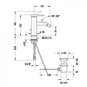 Duravit Смеситель для биде С.1, однорычажный, керамический картридж, высота 155, вынос излива 121, донный клапан, гибкая подводка,  в Сочи и Адлере Duravit Смеситель для биде С.1, однорычажный, керамический картридж, высота 155, вынос излива 121, донный клапан, гибкая подводка,  в Сочи и Адлере