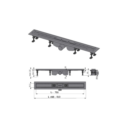 Водоотводящий желоб с порогами БЕЗ решетки, для перфорированной решетки или решетки под кладку Alca Plast Optima 750 мм (под решетку LINE-750L, PURE) в Сочи и Адлере