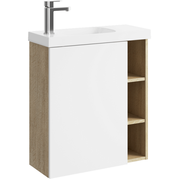 "Alba" корпус тумбы левый c умывальником Compact Slim, цвет дуб давос, цвет белый матовый, ALB0106LDD+ALB0706WM, 600*700*250 "Alba" корпус тумбы левый c умывальником Compact Slim, цвет дуб давос, цвет белый матовый, ALB0106LDD+ALB0706WM, 600*700*250