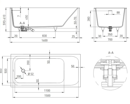 Ванна S-Sense ORLANDA 160*70 матовая, слив интегрированный, д/к матовый в Сочи и Адлере