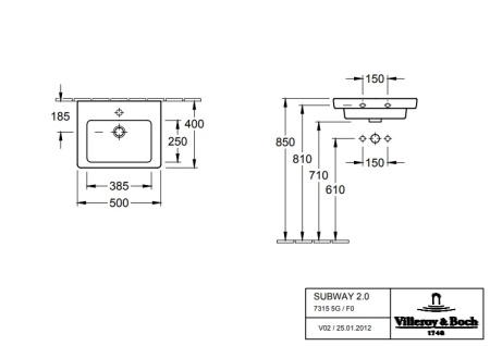 Раковина, Villeroy&Boch, Subway 2.0, ширина, мм-500, глубина, мм-400, тип установки-настенный, отверстия для смесителя-1, перелив-есть, тип перелива-о в Сочи и Адлере