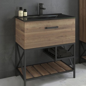 COMFORTY Тумба-умывальник "Бредфорд-75" дуб темный с раковиной COMFORTY 75E черная матовая COMFORTY Тумба-умывальник "Бредфорд-75" дуб темный с раковиной COMFORTY 75E черная матовая