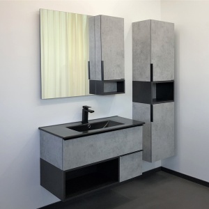 COMFORTY Тумба-умывальник "Франкфурт-90" бетон светлый с раковиной COMFORTY 90E черная матовая в Сочи и Адлере COMFORTY Тумба-умывальник "Франкфурт-90" бетон светлый с раковиной COMFORTY 90E черная матовая в Сочи и Адлере