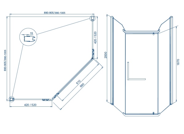 Душевое ограждение трапеция без поддона Arena Pentagon 100(с дугами и аксессуарами) в Сочи и Адлере