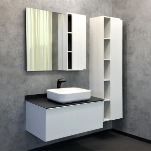 Тумба-умывальник Милан-90 белый глянец с серой столешницей, с раковиной Comforty T-Y9378 в Сочи и Адлере Тумба-умывальник Милан-90 белый глянец с серой столешницей, с раковиной Comforty T-Y9378 в Сочи и Адлере