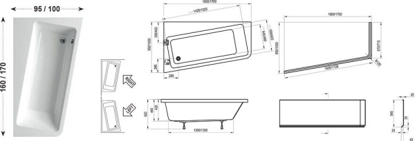 Ванна 10° на опоре+ панель передняя с креплениями, правая 160*95 в Сочи и Адлере