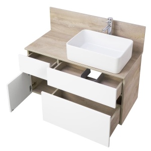 МИШЕЛЬ 100 Тумба-умывальник дуб Эндгрейн/Белый (раковина MILA 350x500/Infinity 60) без столешницы в Сочи и Адлере МИШЕЛЬ 100 Тумба-умывальник дуб Эндгрейн/Белый (раковина MILA 350x500/Infinity 60) без столешницы в Сочи и Адлере