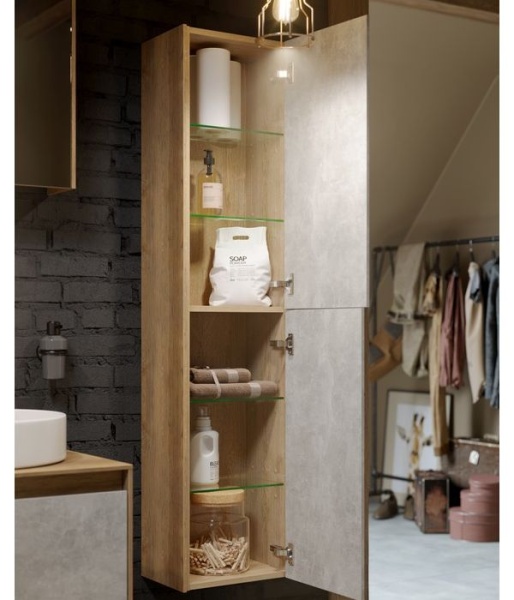 MOBI 35 комплект: Пенал подвесной БЕТОН СВЕТЛЫЙ BS, фасад ДУБ БАЛТИЙСКИЙ, две двери с системой открывания «push-to-open» (Ш36,5хВ150хГ24)													 в Сочи и Адлере