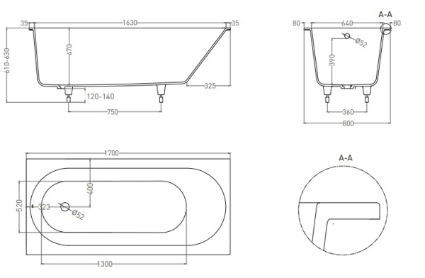 ORNELLA 170 встраиваемая ванна Размеры (дл-ш-в): 1700x800x600, Материал: S-Sense (Sapirit), Тип покрытия:Глянцевое в Сочи и Адлере