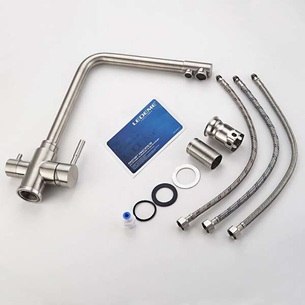 Смеситель для кухни со встроенным фильтром (краном) под питьевую воду Ledeme L4355-3/Нержавеющая сталь  в Сочи и Адлере