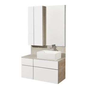 МИШЕЛЬ 100 Тумба-умывальник дуб Эндгрейн/Белый (раковина MILA 350x500/Infinity 60) без столешницы в Сочи и Адлере МИШЕЛЬ 100 Тумба-умывальник дуб Эндгрейн/Белый (раковина MILA 350x500/Infinity 60) без столешницы в Сочи и Адлере