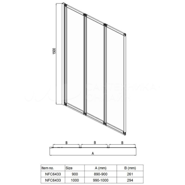Шторка для ванны AZARIO PRESTON 900*1500 3-х секционная, прозрачное стекло 4 мм, цвет профиля хром (AZ-NFC6433 900) в Сочи и Адлере