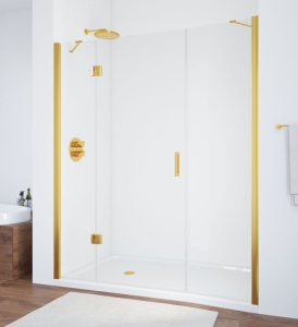Шторка для душ.кабины профиль золото, стекло прозрачное петли справа(квадро, вырез нестандарт) Шторка для душ.кабины профиль золото, стекло прозрачное петли справа(квадро, вырез нестандарт)