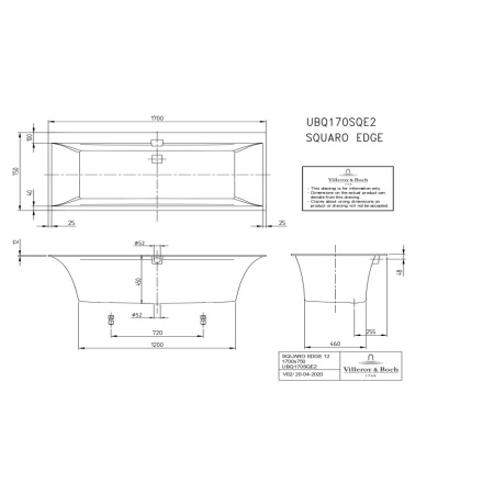 Ванна, Villeroy&Boch, Squaro Edge 12 Duo, шгв 1700*750*450, цвет-белый, слив-перелив и ножки в комплекте в Сочи и Адлере