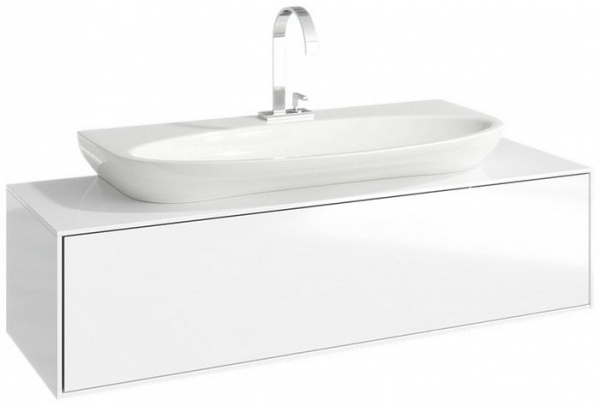 GENESIS 120 Подвесная тумба с одним ящиком в цвете белый глянец с умывальником из литьевого мрамора Escape 900 (Ш120хВ42хГ45)