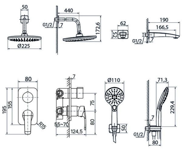 Душевая система скрытого монтажа с тропическим душем, ручным душем и изливом, черный матовый, Ray, IDDIS, RAYBL03i68 в Сочи и Адлере