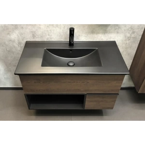 COMFORTY Тумба-умывальник "Франкфурт-90" дуб шоколадно-коричневый с раковиной  COMFORTY 90E черная матовая в Сочи и Адлере COMFORTY Тумба-умывальник "Франкфурт-90" дуб шоколадно-коричневый с раковиной  COMFORTY 90E черная матовая в Сочи и Адлере